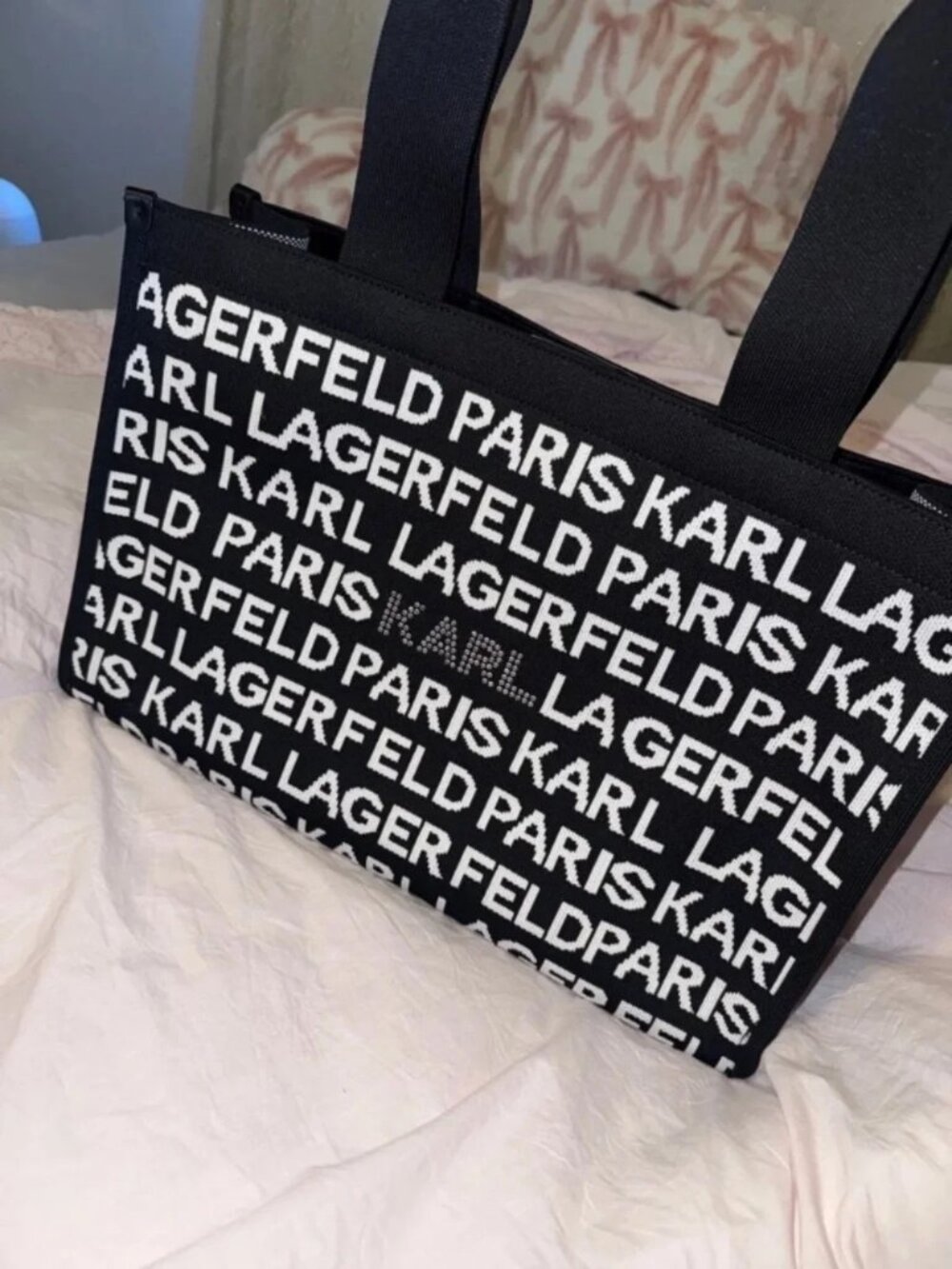 NWT Karl Lagerfeld Logo Tote Bag Black and White with Rhinestones - Picture 2 of 3